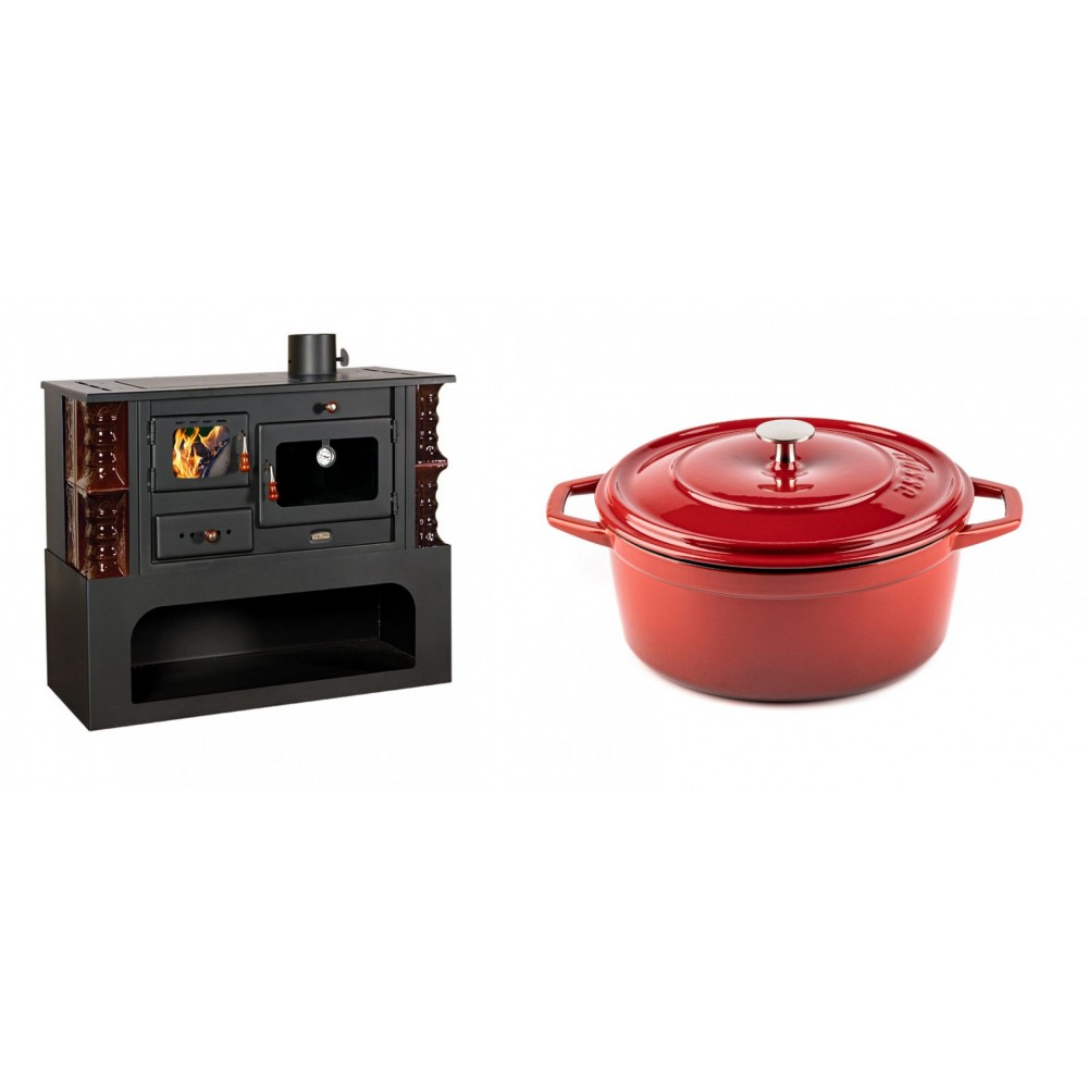 Set Küchenofen / Küchenhexe mit Backofen und Kochplatte Prity, Modell 1P34-K Maro Rechts, Keramikverkleidung, Leistung 10.1kW + Gusseisen Topf Tiefer Solagio, Rubin, Ф24 | Kaminofen - Holzofen mit Backfach | Kaminofen |