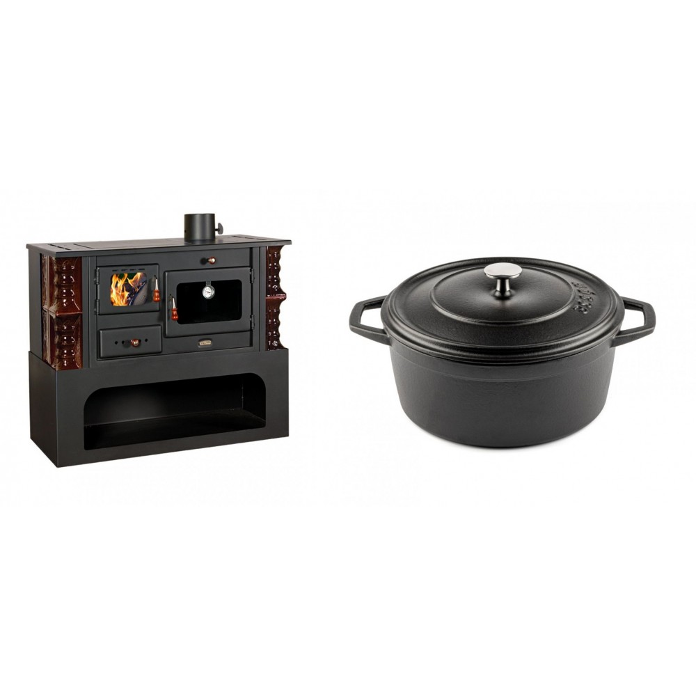 Set Küchenofen / Küchenhexe mit Backofen und Kochplatte Prity, Modell 1P34-K Maro Rechts, Keramikverkleidung, Leistung 10.1kW + Gusseisen Topf Tiefer Solagio, Black Onyx, Ф24