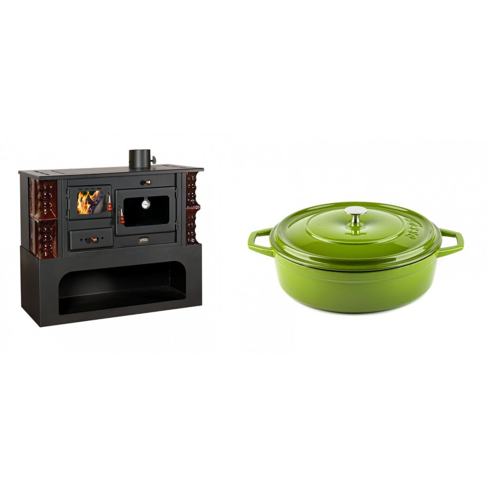 Set Küchenofen / Küchenhexe mit Backofen und Kochplatte Prity, Modell 1P34-K Maro Rechts, Keramikverkleidung, Leistung 10.1kW + Gusseisen Topf Flach Solagio, Bamboo, Ф26