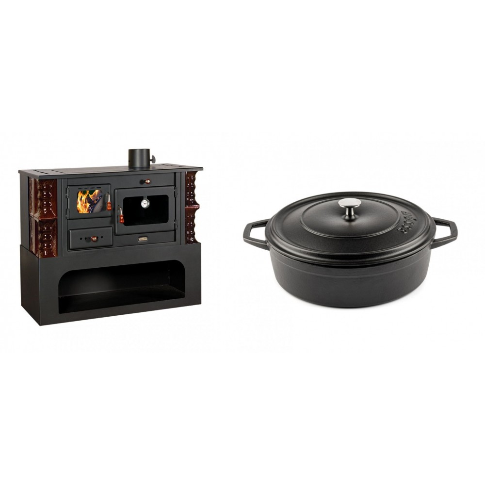 Set Küchenofen / Küchenhexe mit Backofen und Kochplatte Prity, Modell 1P34-K Maro Rechts, Keramikverkleidung, Leistung 10.1kW + Gusseisen Topf Flach Solagio, Black Onyx, Ф26 | Kaminofen - Holzofen mit Backfach | Kaminofen |
