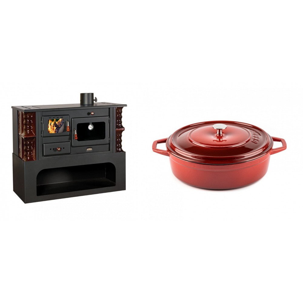 Set Küchenofen / Küchenhexe mit Backofen und Kochplatte Prity, Modell 1P34-K Maro Rechts, Keramikverkleidung, Leistung 10.1kW + Gusseisen Topf Flach Solagio, Rubin, Ф26 | Kaminofen - Holzofen mit Backfach | Kaminofen |