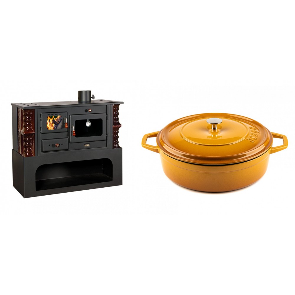 Set Küchenofen / Küchenhexe mit Backofen und Kochplatte Prity, Modell 1P34-K Maro Rechts, Keramikverkleidung, Leistung 10.1kW + Gusseisen Topf Flach Solagio, Dijon, Ф28 | Kaminofen - Holzofen mit Backfach | Kaminofen |