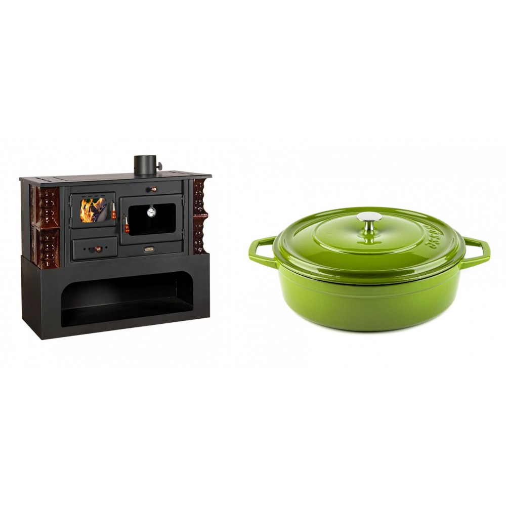 Set Küchenofen / Küchenhexe mit Backofen und Kochplatte Prity, Modell 1P34-K Maro Rechts, Keramikverkleidung, Leistung 10.1kW + Gusseisen Topf Flach Solagio, Bamboo, Ф28