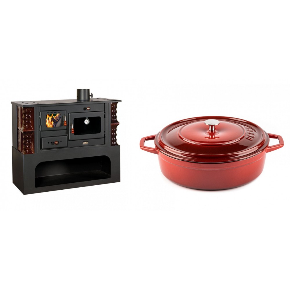 Set Küchenofen / Küchenhexe mit Backofen und Kochplatte Prity, Modell 1P34-K Maro Rechts, Keramikverkleidung, Leistung 10.1kW + Gusseisen Topf Flach Solagio, Rubin, Ф28 | Kaminofen - Holzofen mit Backfach | Kaminofen |