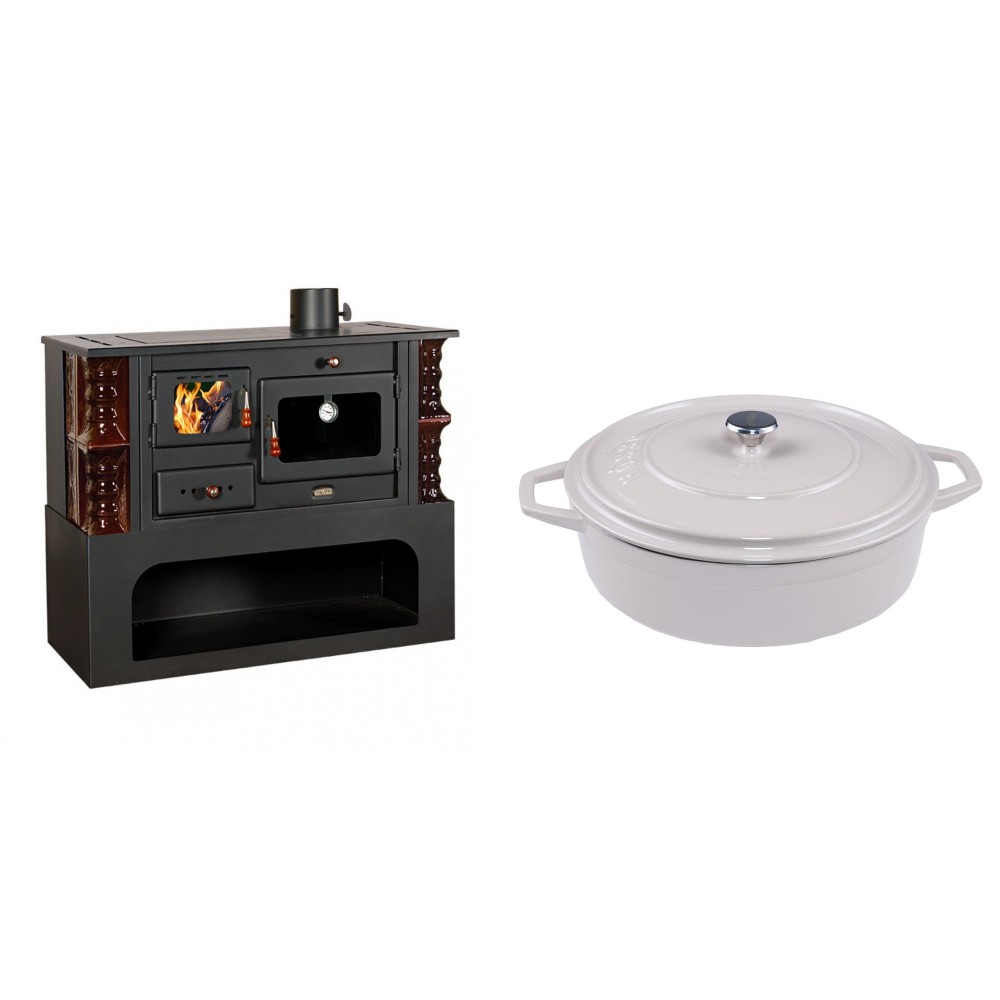 Set Küchenofen / Küchenhexe mit Backofen und Kochplatte Prity, Modell 1P34-K Maro Rechts, Keramikverkleidung, Leistung 10.1kW + Gusseisen Topf Flach Solagio, Ivory, Ф28