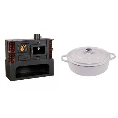 Set Küchenofen / Küchenhexe mit Backofen und Kochplatte Prity, Modell 1P34-K Maro Rechts, Keramikverkleidung, Leistung 10.1kW + Gusseisen Topf Flach Solagio, Ivory, Ф28 - Kaminofen - Holzofen mit Backfach