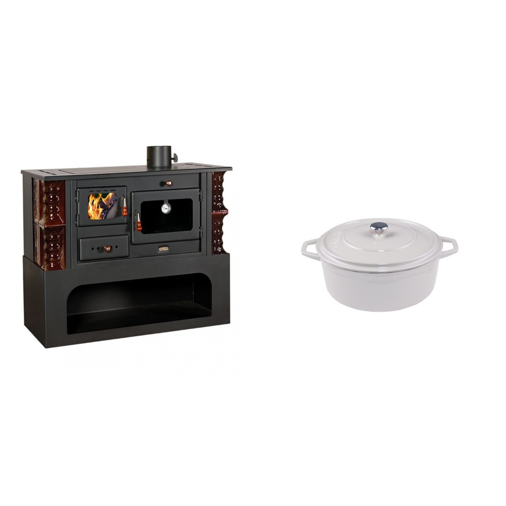 Set Küchenofen / Küchenhexe mit Backofen und Kochplatte Prity, Modell 1P34-K Maro Rechts, Keramikverkleidung, Leistung 10.1kW + Gusseisen Topf Tiefer Solagio, Ivory, Ф12 | Kaminofen - Holzofen mit Backfach | Kaminofen |