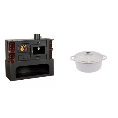 Set Küchenofen / Küchenhexe mit Backofen und Kochplatte Prity, Modell 1P34-K Maro Rechts, Keramikverkleidung, Leistung 10.1kW + Gusseisen Topf Tiefer Solagio, Ivory, Ф12 - Kaminofen - Holzofen mit Backfach