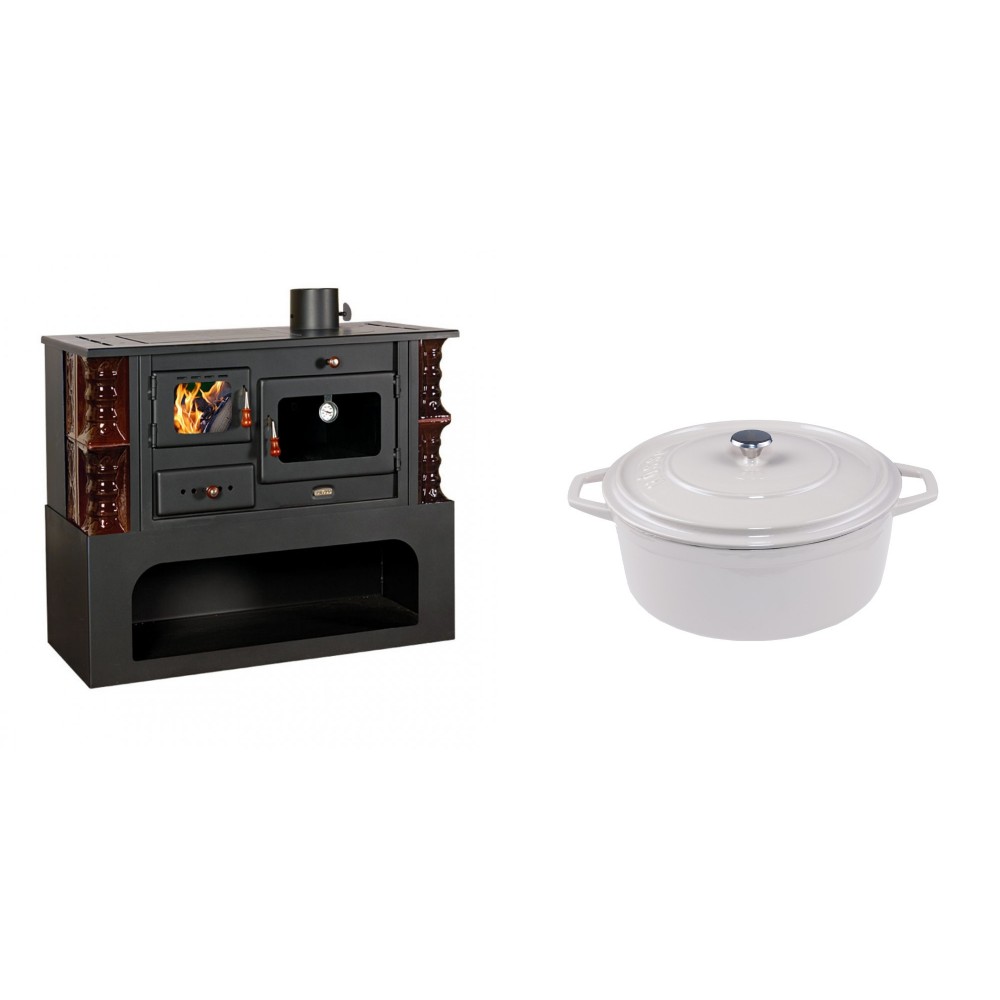 Set Küchenofen / Küchenhexe mit Backofen und Kochplatte Prity, Modell 1P34-K Maro Rechts, Keramikverkleidung, Leistung 10.1kW + Gusseisen Topf Tiefer Solagio, Ivory, Ф20