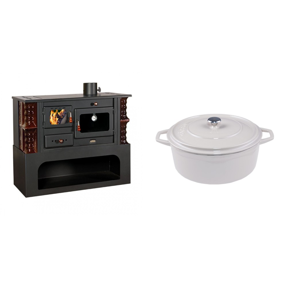 Set Küchenofen / Küchenhexe mit Backofen und Kochplatte Prity, Modell 1P34-K Maro Rechts, Keramikverkleidung, Leistung 10.1kW + Gusseisen Topf Tiefer Solagio, Ivory, Ф24