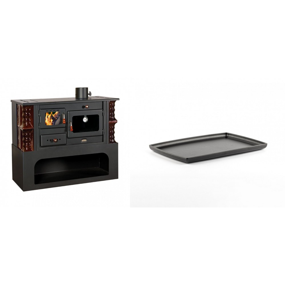 Set Küchenofen / Küchenhexe mit Backofen und Kochplatte Prity, Modell 1P34-K Maro Rechts, Keramikverkleidung, Leistung 10.1kW + Rechteckige Servierplatte aus Gusseisen Solagio, 21x31cm