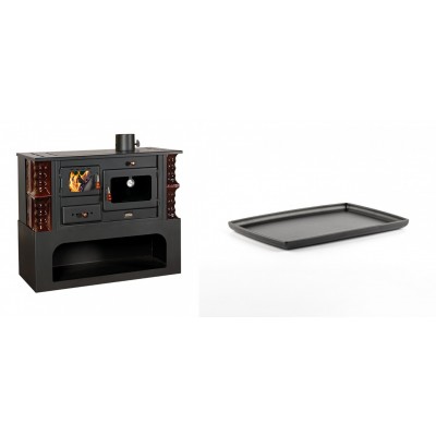 Set Küchenofen / Küchenhexe mit Backofen und Kochplatte Prity, Modell 1P34-K Maro Rechts, Keramikverkleidung, Leistung 10.1kW + Rechteckige Servierplatte aus Gusseisen Solagio, 21x31cm - Kaminofen - Holzofen mit Backfach