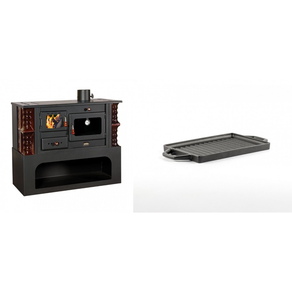 Set Küchenofen / Küchenhexe mit Backofen und Kochplatte Prity, Modell 1P34-K Maro Rechts, Keramikverkleidung, Leistung 10.1kW + Mini-Grillplatte aus Gusseisen Solagio, 15.5x22.5cm | Kaminofen - Holzofen mit Backfach | Kaminofen |