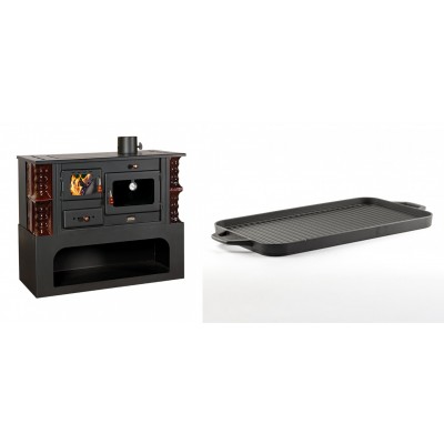 Set Küchenofen / Küchenhexe mit Backofen und Kochplatte Prity, Modell 1P34-K Maro Rechts, Keramikverkleidung, Leistung 10.1kW + Große Grillplatte aus Gusseisen Solagio, 25x44cm - Kaminofen - Holzofen mit Backfach