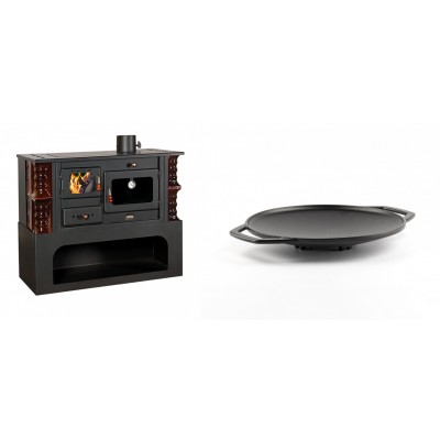 Set Küchenofen / Küchenhexe mit Backofen und Kochplatte Prity, Modell 1P34-K Maro Rechts, Keramikverkleidung, Leistung 10.1kW + Backplatte aus Gusseisen Solagio, Ф28cm - Kaminofen - Holzofen mit Backfach