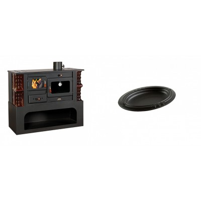 Set Küchenofen / Küchenhexe mit Backofen und Kochplatte Prity, Modell 1P34-K Maro Rechts, Keramikverkleidung, Leistung 10.1kW + Gusseiserne auflaufform Solagio oval, 17x28cm - Kaminofen - Holzofen mit Backfach