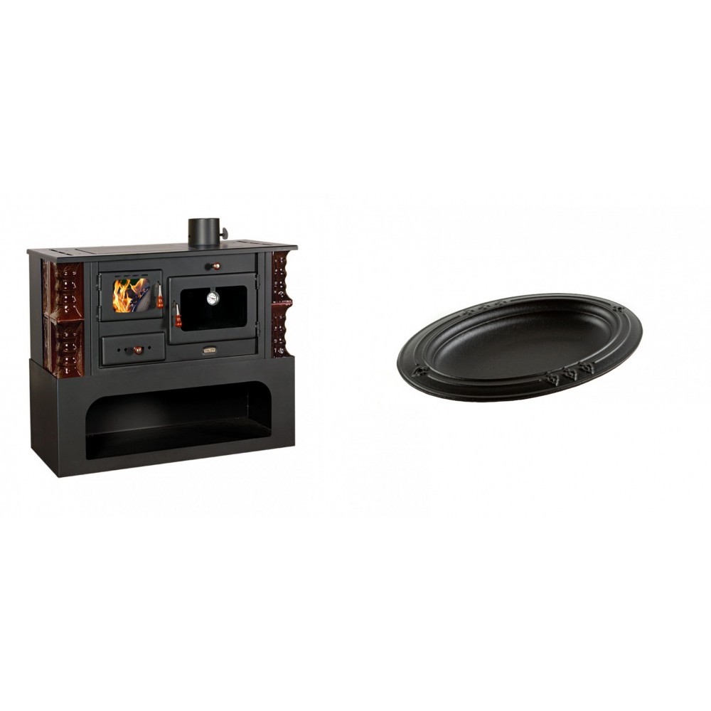 Set Küchenofen / Küchenhexe mit Backofen und Kochplatte Prity, Modell 1P34-K Maro Rechts, Keramikverkleidung, Leistung 10.1kW + Gusseiserne auflaufform Solagio oval, 25x33cm