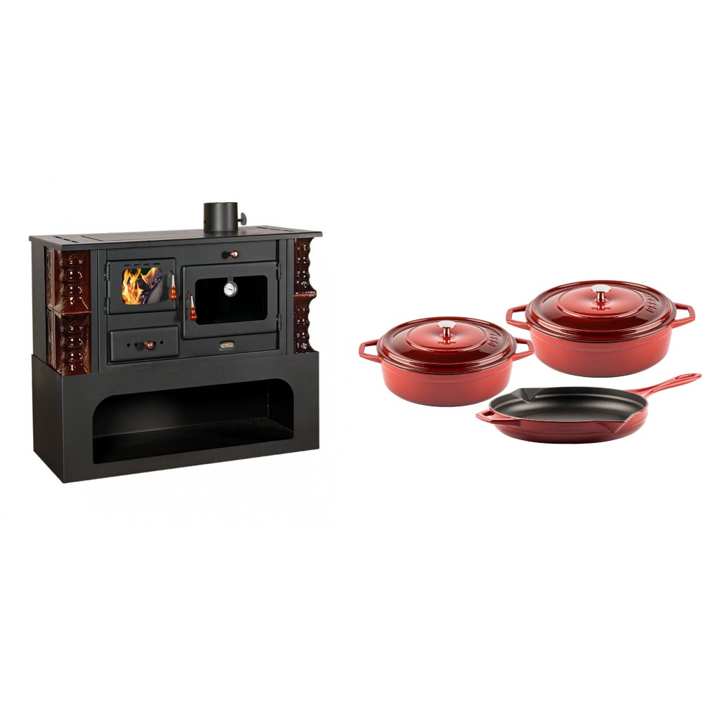Set Küchenofen / Küchenhexe mit Backofen und Kochplatte Prity, Modell 1P34-K Maro Rechts, Keramikverkleidung, Leistung 10.1kW + Gusseisen Topf Set aus 3 teilen Solagio, Rubin | Kaminofen - Holzofen mit Backfach | Kaminofen |