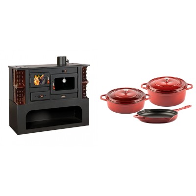 Set Küchenofen / Küchenhexe mit Backofen und Kochplatte Prity, Modell 1P34-K Maro Rechts, Keramikverkleidung, Leistung 10.1kW + Gusseisen Topf Set aus 3 teilen Solagio, Rubin - Kaminofen - Holzofen mit Backfach