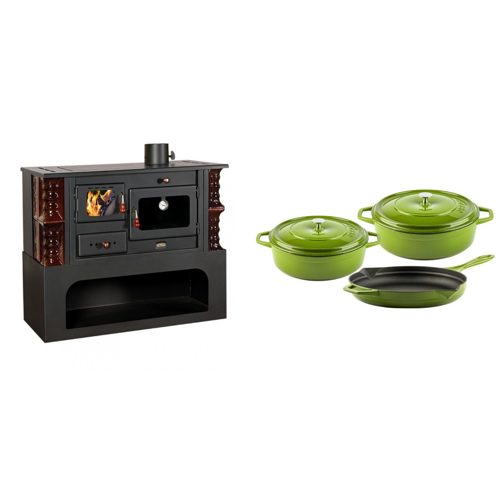 Set Küchenofen / Küchenhexe mit Backofen und Kochplatte Prity, Modell 1P34-K Maro Rechts, Keramikverkleidung, Leistung 10.1kW + Gusseisen Topf Set aus 3 teilen Solagio, Bamboo | Kaminofen - Holzofen mit Backfach | Kaminofen |