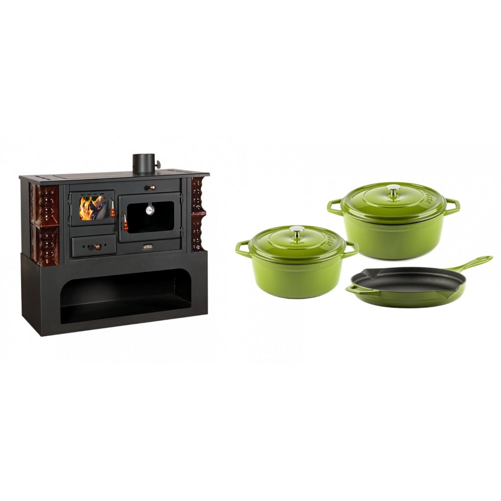 Set Küchenofen / Küchenhexe mit Backofen und Kochplatte Prity, Modell 1P34-K Maro Rechts, Keramikverkleidung, Leistung 10.1kW + Gusseisen Topf Set aus 3 teilen Solagio, Bamboo | Kaminofen - Holzofen mit Backfach | Kaminofen |