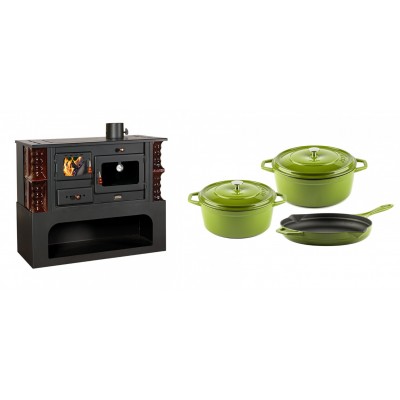 Set Küchenofen / Küchenhexe mit Backofen und Kochplatte Prity, Modell 1P34-K Maro Rechts, Keramikverkleidung, Leistung 10.1kW + Gusseisen Topf Set aus 3 teilen Solagio, Bamboo - Kaminofen - Holzofen mit Backfach