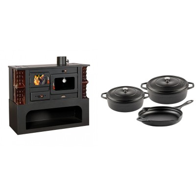 Set Küchenofen / Küchenhexe mit Backofen und Kochplatte Prity, Modell 1P34-K Maro Rechts, Keramikverkleidung, Leistung 10.1kW + Gusseisen Topf Set aus 3 teilen Solagio, Black Onyx - Kaminofen - Holzofen mit Backfach