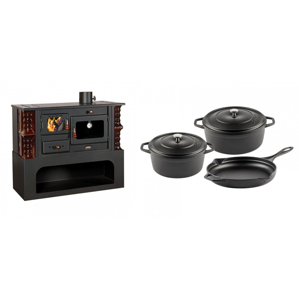 Set Küchenofen / Küchenhexe mit Backofen und Kochplatte Prity, Modell 1P34-K Maro Rechts, Keramikverkleidung, Leistung 10.1kW + Gusseisen Topf Set aus 3 teilen Solagio, Black Onyx | Kaminofen - Holzofen mit Backfach | Kaminofen |