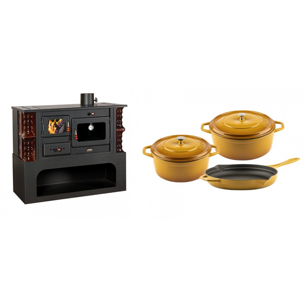 Set Küchenofen / Küchenhexe mit Backofen und Kochplatte Prity, Modell 1P34-K Maro Rechts, Keramikverkleidung, Leistung 10.1kW + Gusseisen Topf Set aus 3 teilen Solagio, Dijon | Kaminofen - Holzofen mit Backfach | Kaminofen |