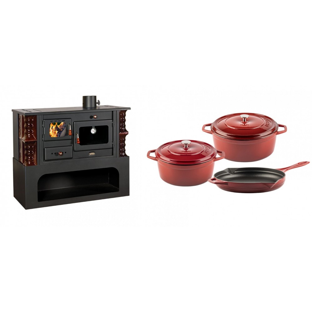 Set Küchenofen / Küchenhexe mit Backofen und Kochplatte Prity, Modell 1P34-K Maro Rechts, Keramikverkleidung, Leistung 10.1kW + Gusseisen Topf Set aus 3 teilen Solagio, Rubin