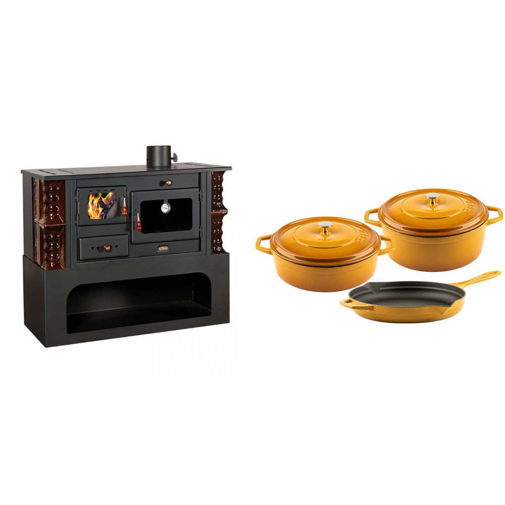 Set Küchenofen / Küchenhexe mit Backofen und Kochplatte Prity, Modell 1P34-K Maro Rechts, Keramikverkleidung, Leistung 10.1kW + Gusseisen Topf Set aus 3 teilen Solagio, Dijon