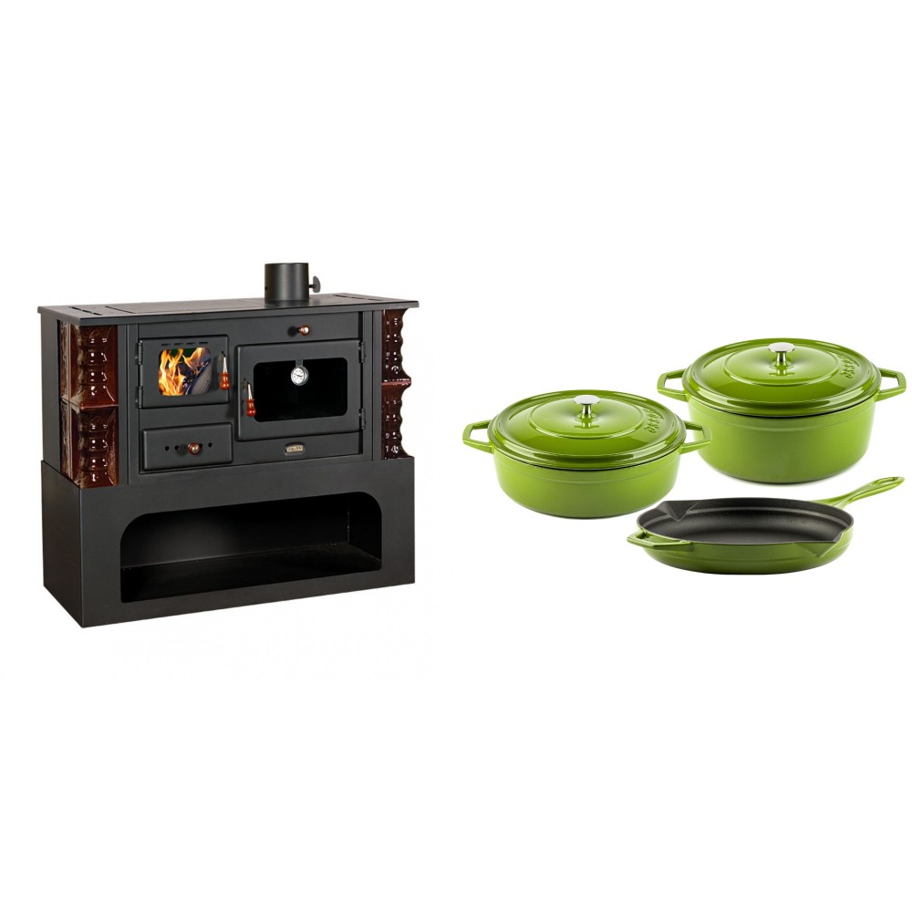 Set Küchenofen / Küchenhexe mit Backofen und Kochplatte Prity, Modell 1P34-K Maro Rechts, Keramikverkleidung, Leistung 10.1kW + Gusseisen Topf Set aus 3 teilen Solagio, Bamboo