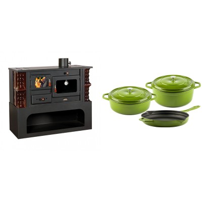 Set Küchenofen / Küchenhexe mit Backofen und Kochplatte Prity, Modell 1P34-K Maro Rechts, Keramikverkleidung, Leistung 10.1kW + Gusseisen Topf Set aus 3 teilen Solagio, Bamboo - Kaminofen - Holzofen mit Backfach