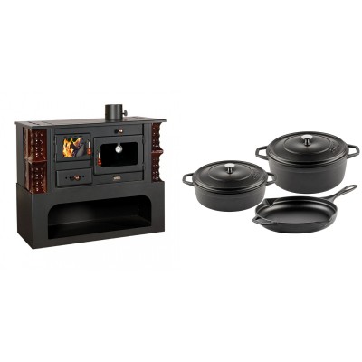 Set Küchenofen / Küchenhexe mit Backofen und Kochplatte Prity, Modell 1P34-K Maro Rechts, Keramikverkleidung, Leistung 10.1kW + Gusseisen Topf Set aus 3 teilen Solagio, Black Onyx - Kaminofen - Holzofen mit Backfach