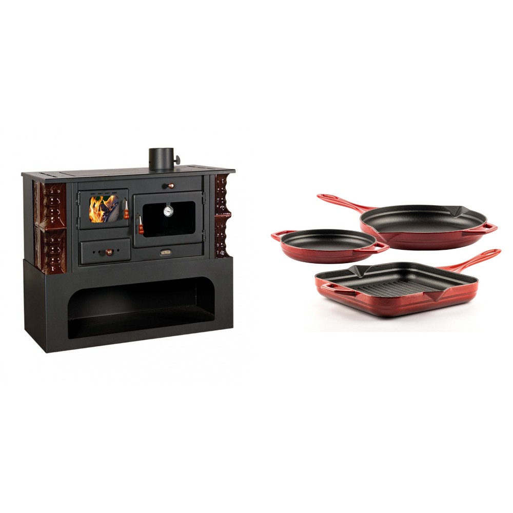 Set Küchenofen / Küchenhexe mit Backofen und Kochplatte Prity, Modell 1P34-K Maro Rechts, Keramikverkleidung, Leistung 10.1kW + Gusseisen Topf Set aus 3 teilen Solagio, Rubin | Kaminofen - Holzofen mit Backfach | Kaminofen |