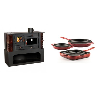 Set Küchenofen / Küchenhexe mit Backofen und Kochplatte Prity, Modell 1P34-K Maro Rechts, Keramikverkleidung, Leistung 10.1kW + Gusseisen Topf Set aus 3 teilen Solagio, Rubin - Kaminofen - Holzofen mit Backfach