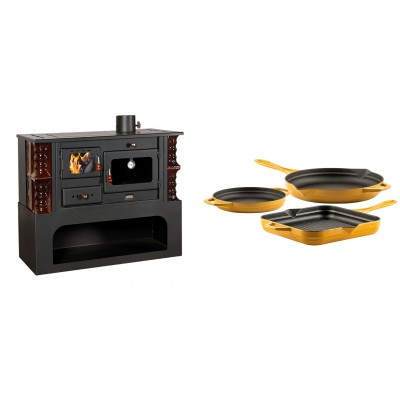 Set Küchenofen / Küchenhexe mit Backofen und Kochplatte Prity, Modell 1P34-K Maro Rechts, Keramikverkleidung, Leistung 10.1kW + Gusseisen Topf Set aus 3 teilen Solagio, Dijon - Kaminofen - Holzofen mit Backfach