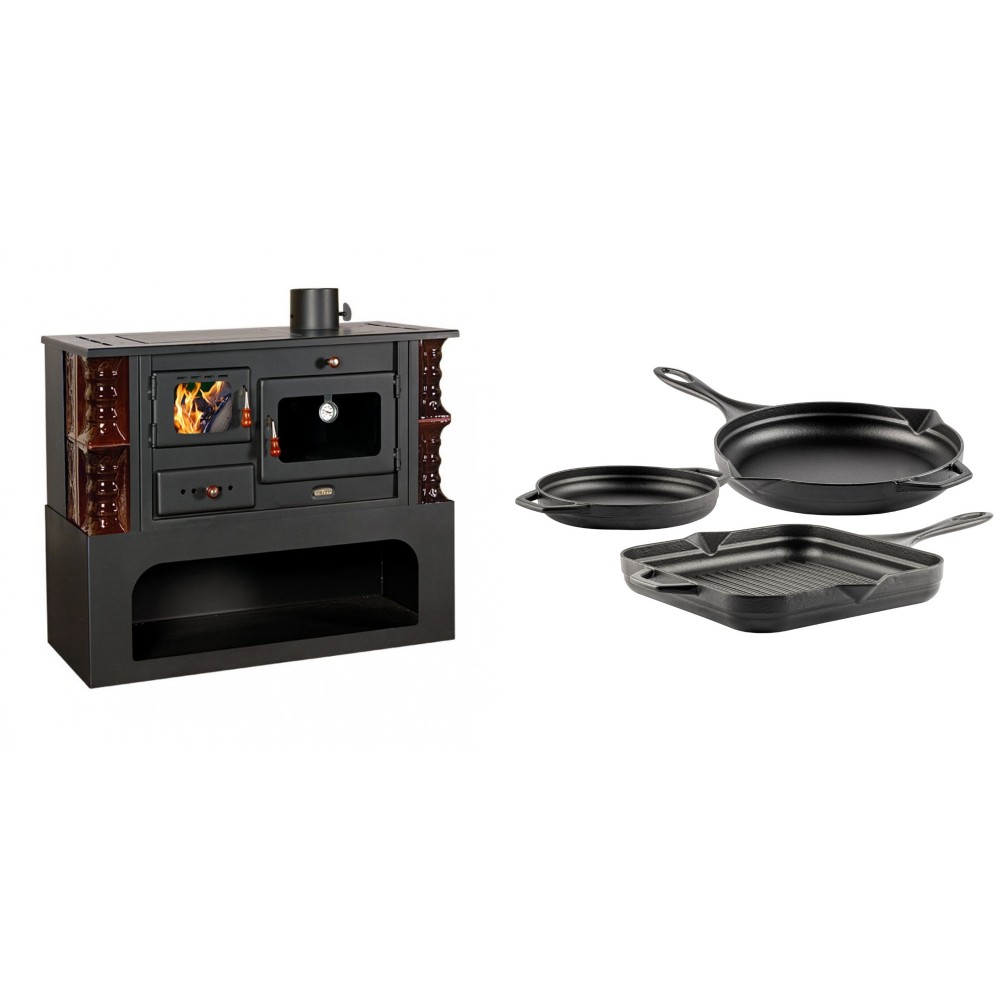 Set Küchenofen / Küchenhexe mit Backofen und Kochplatte Prity, Modell 1P34-K Maro Rechts, Keramikverkleidung, Leistung 10.1kW + Gusseisen Topf Set aus 3 teilen Solagio, Black Onyx