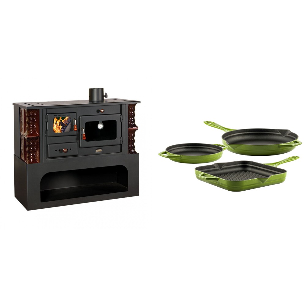 Set Küchenofen / Küchenhexe mit Backofen und Kochplatte Prity, Modell 1P34-K Maro Rechts, Keramikverkleidung, Leistung 10.1kW + Gusseisen Topf Set aus 3 teilen Solagio, Bamboo