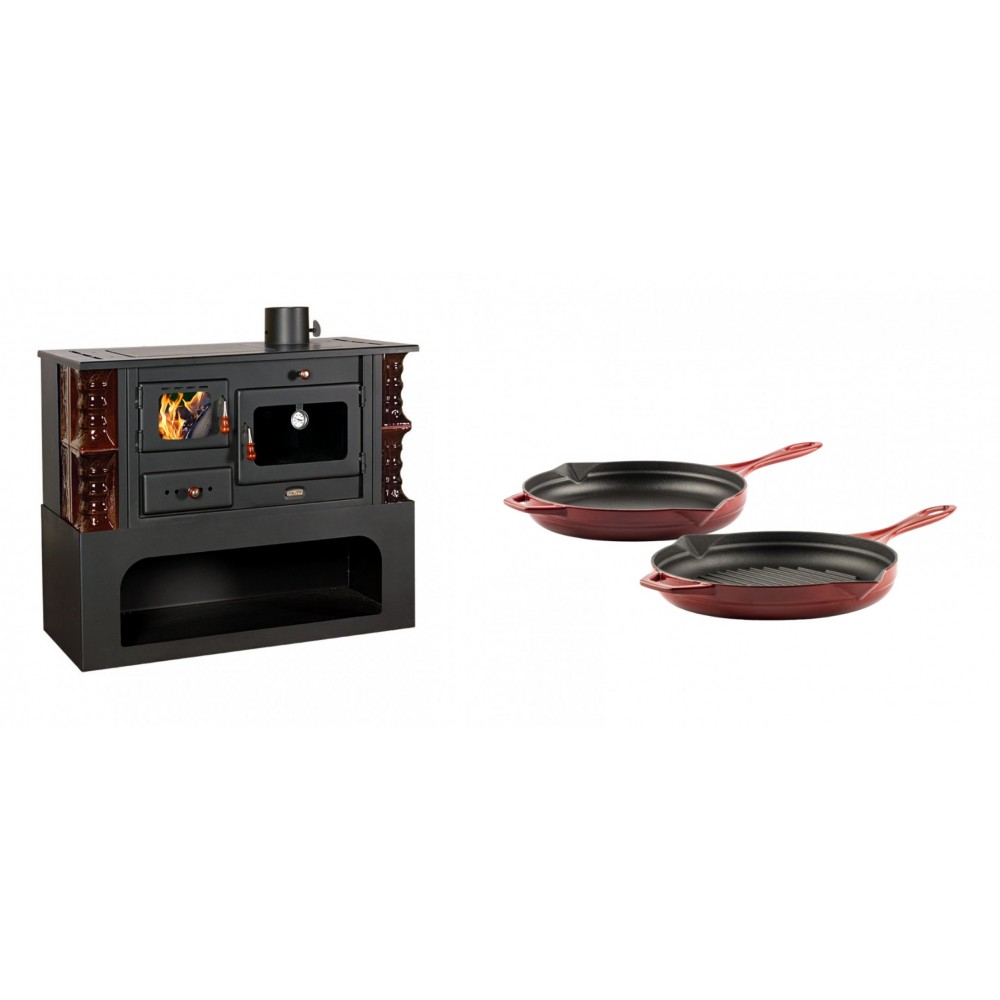 Set Küchenofen / Küchenhexe mit Backofen und Kochplatte Prity, Modell 1P34-K Maro Rechts, Keramikverkleidung, Leistung 10.1kW + Gusseisen Topf Set aus 2 teilen Solagio, Rubin