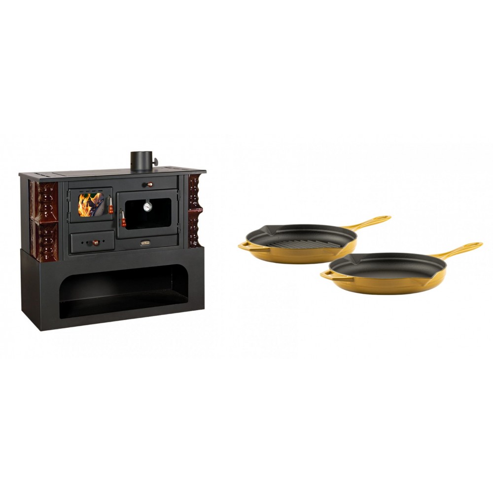 Set Küchenofen / Küchenhexe mit Backofen und Kochplatte Prity, Modell 1P34-K Maro Rechts, Keramikverkleidung, Leistung 10.1kW + Gusseisen Topf Set aus 2 teilen Solagio, Dijon | Kaminofen - Holzofen mit Backfach | Kaminofen |