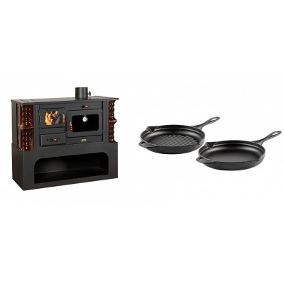 Set Küchenofen / Küchenhexe mit Backofen und Kochplatte Prity, Modell 1P34-K Maro Rechts, Keramikverkleidung, Leistung 10.1kW + Gusseisen Topf Set aus 2 teilen Solagio, Black Onyx - Kaminofen - Holzofen mit Backfach
