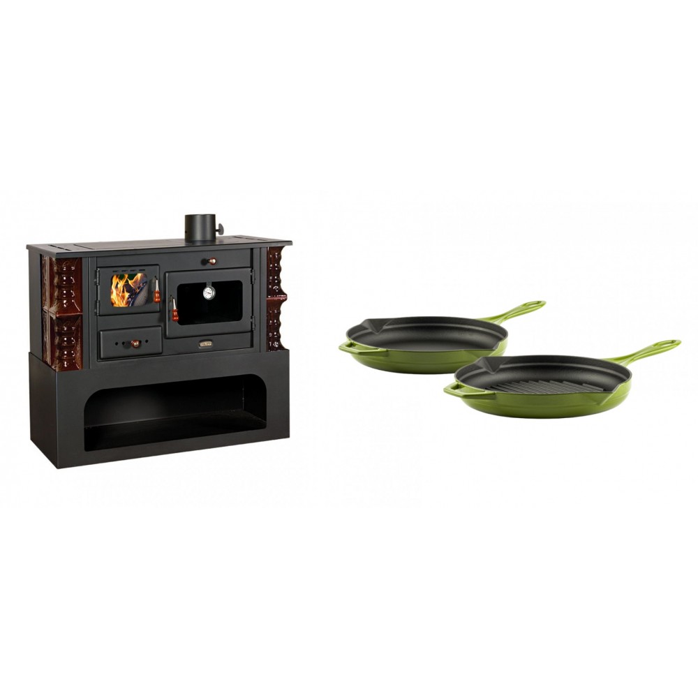 Set Küchenofen / Küchenhexe mit Backofen und Kochplatte Prity, Modell 1P34-K Maro Rechts, Keramikverkleidung, Leistung 10.1kW + Gusseisen Topf Set aus 2 teilen Solagio, Bamboo
