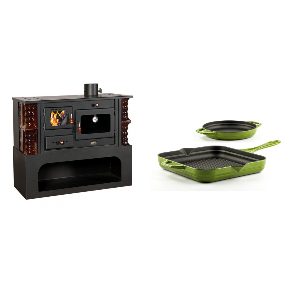 Set Küchenofen / Küchenhexe mit Backofen und Kochplatte Prity, Modell 1P34-K Maro Rechts, Keramikverkleidung, Leistung 10.1kW + Gusseisen Topf Set aus 2 teilen Solagio, Bamboo | Kaminofen - Holzofen mit Backfach | Kaminofen |