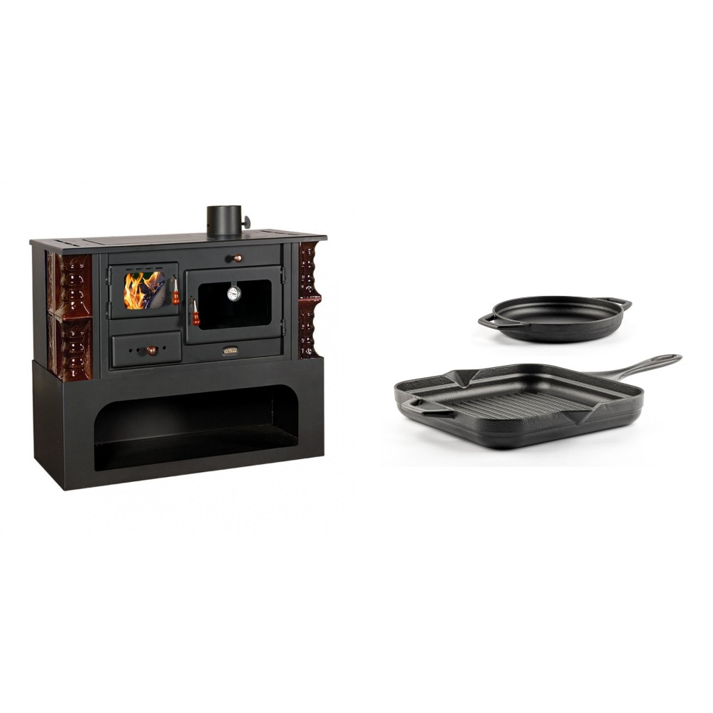 Set Küchenofen / Küchenhexe mit Backofen und Kochplatte Prity, Modell 1P34-K Maro Rechts, Keramikverkleidung, Leistung 10.1kW + Gusseisen Topf Set aus 2 teilen Solagio, Black Onyx | Kaminofen - Holzofen mit Backfach | Kaminofen |