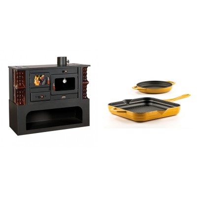 Set Küchenofen / Küchenhexe mit Backofen und Kochplatte Prity, Modell 1P34-K Maro Rechts, Keramikverkleidung, Leistung 10.1kW + Gusseisen Topf Set aus 2 teilen Solagio, Dijon - Kaminofen - Holzofen mit Backfach