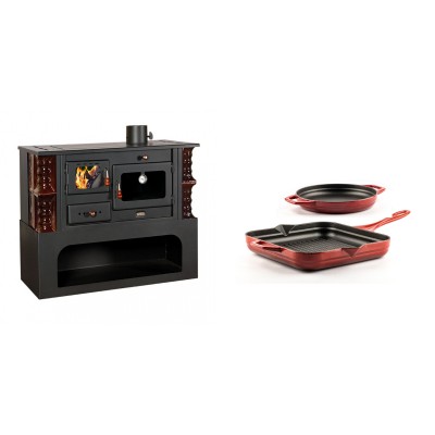 Set Küchenofen / Küchenhexe mit Backofen und Kochplatte Prity, Modell 1P34-K Maro Rechts, Keramikverkleidung, Leistung 10.1kW + Gusseisen Topf Set aus 2 teilen Solagio, Rubin - Kaminofen - Holzofen mit Backfach