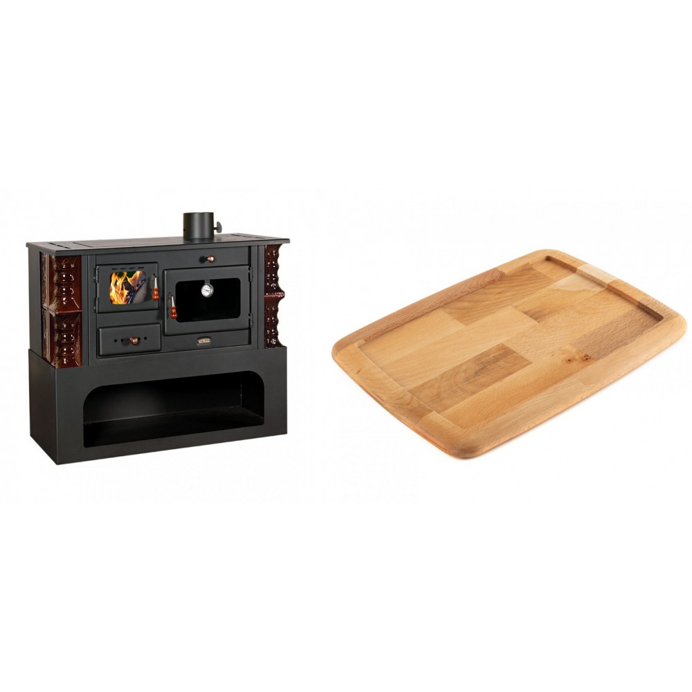 Set Küchenofen / Küchenhexe mit Backofen und Kochplatte Prity, Modell 1P34-K Maro Rechts, Keramikverkleidung, Leistung 10.1kW + Holz untersetzer für gusseisenplatte Solagio HSST2131 | Kaminofen - Holzofen mit Backfach | Kaminofen |