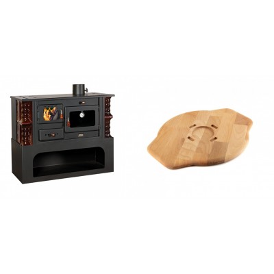Set Küchenofen / Küchenhexe mit Backofen und Kochplatte Prity, Modell 1P34-K Maro Rechts, Keramikverkleidung, Leistung 10.1kW + Holz untersetzer für Gusseisenplatte Solagio HSYSAK28 - Kaminofen - Holzofen mit Backfach
