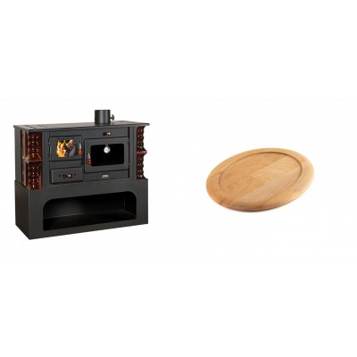 Set Küchenofen / Küchenhexe mit Backofen und Kochplatte Prity, Modell 1P34-K Maro Rechts, Keramikverkleidung, Leistung 10.1kW + Holz untersetzer für ovale gusseisenpfanne Solagio HSFT1825 - Kaminofen - Holzofen mit Backfach